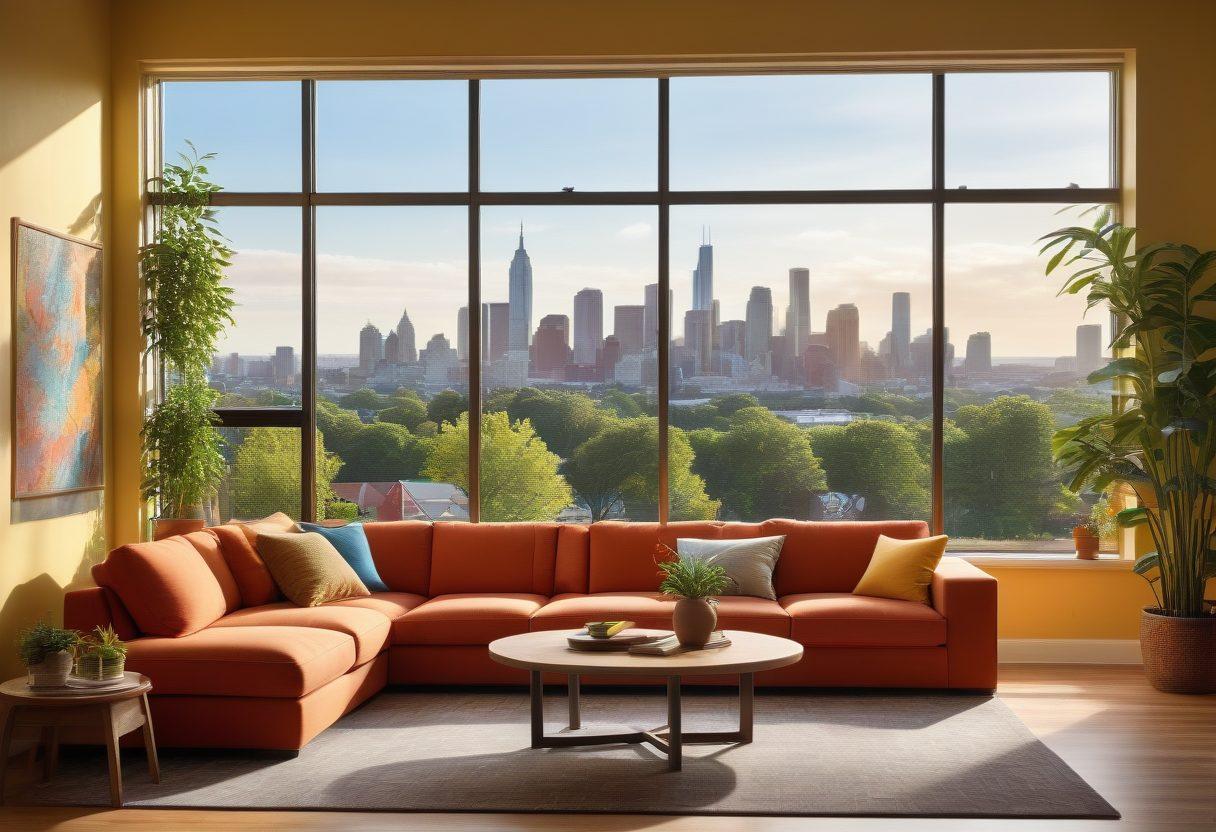 A cozy living room scene featuring a diverse group of low-income renters discussing housing resources with a government representative, surrounded by informational brochures and a warm, inviting atmosphere. Bright sunlight streaming through a window, plants for a touch of nature, and a chalkboard with housing program details. The background shows a city skyline to represent urban living. super-realistic. vibrant colors. warm tones.